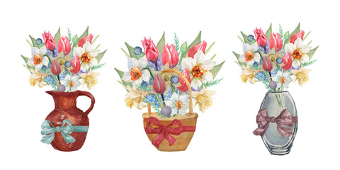 
Bouquet of flowers tulips daffodils in a vase in a box in a basket. Pradnik 8 march spring congratulations postcard. Hand drawn watercolor illustration. Print textile vintage retro.