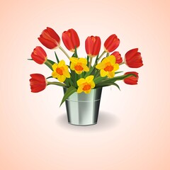 
Bucket with spring bouquet of tulips and daffodils