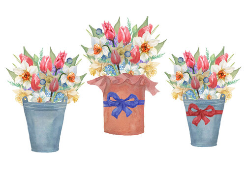 
Bouquet of flowers tulips daffodils in a vase in a box in a basket. Pradnik 8 march spring congratulations postcard. Hand drawn watercolor illustration. Print textile vintage retro.