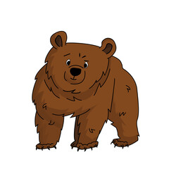 Vector isolated outline cartoon brown bear grizzly stands and learning something or looks uncertain to somewhere. Animal is on white background.