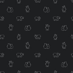 Outline hippo seamless repeat pattern, black white colors. Chalk board effect. Hippos stand, sit, give a hug to female hippo, walk, look to somewhere.