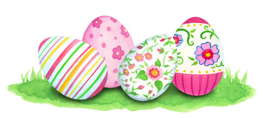 Colorful Easter eggs on grass. Easter celebration element, watercolor illustration on white background. Colorful easter eggs decorated with flowers and stripes.