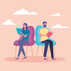 couple readers reading books seated in chair characters vector illustration design