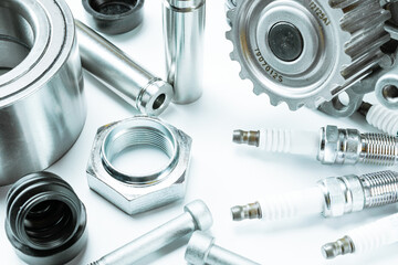 Part isolated. Set of new metal car part. Auto motor mechanic spare or automotive piece isolated on white background. Automobile engine service.