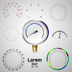 Naklejka premium Manometer, analog instrument, gauge with scale. Mockup.