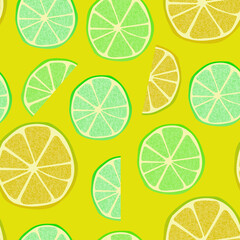 Fototapeta premium Bright seamless pattern with image of a slice of lemon, lime and orange. For the decoration of textiles or Wallpaper.