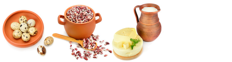 natural products isolated on white background. Healthy food. Panoramic collage. Wide photo. Free space for text.