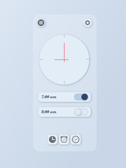 Illustration in the style of glassmorphism. The phone screen on which the interface for managing the alarm is open.