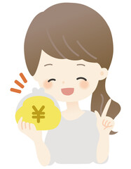 財布を持った女性のイラスト（かわいい・主線なし・にこにこ）
