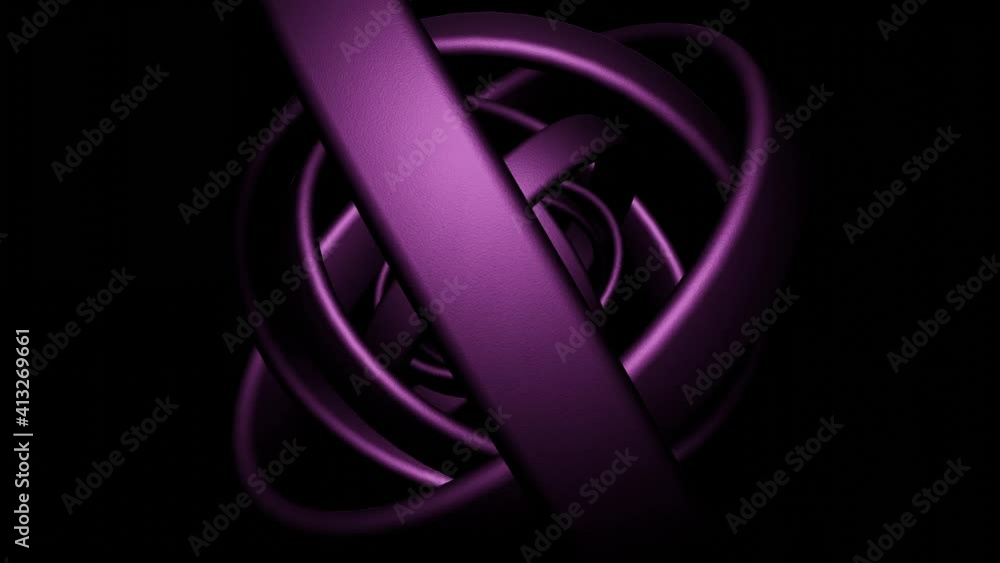 Poster metal rings in neon colors moving and transforming on a dark background. simple motion graphic anima