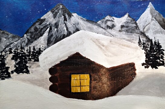 Little wood house in the mountains during winter. I painted a winter landscape with acrylic paint.