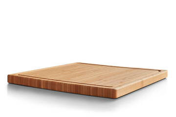 new rectangular wooden cutting board, in top of wooden table with a minimalistic limbo background - obrazy, fototapety, plakaty