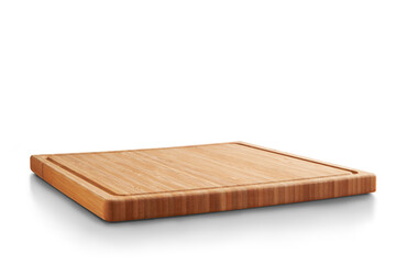 new rectangular wooden cutting board, in top of wooden table with a minimalistic limbo background