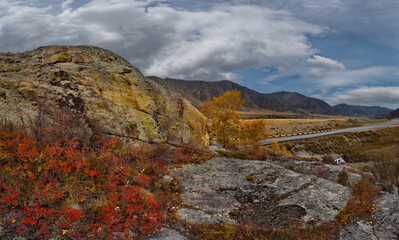 Russia. South of Western Siberia. Mountain Altai. Early October on the Chui highway near the village of Kupchegen.
