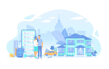 Obraz premium The couple monitors indicators of security, thermostat, lighting in the house through the phone. Smart Home with Central Control System. House automation concept, mobile app. Vector illustration