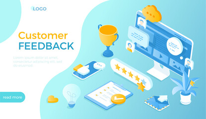 Customer Feedback. Users provide comments and feedback on services. Positive negative user experience. Five stars rank, site rating. Isometric vector illustration for website.