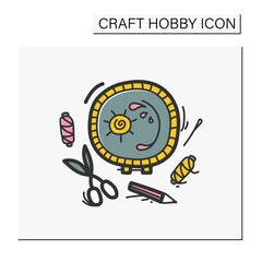 Aesthetic embroidery hand drawn color icon. Needlework concept. An easy craft with detailed work. Creative hobby. Using scissors and thread.Isolated sketch vector illustration