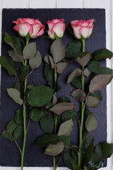 Różowe róże trzy na czarnej kamiennej desce