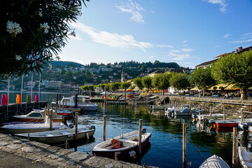 Fototapeta na wymiar Ascona, Switzerland - view from harbour on sunny day