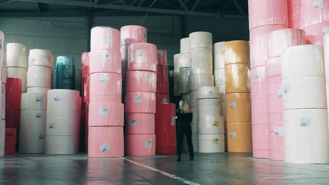 Female specialist observing a storage of big paper rolls