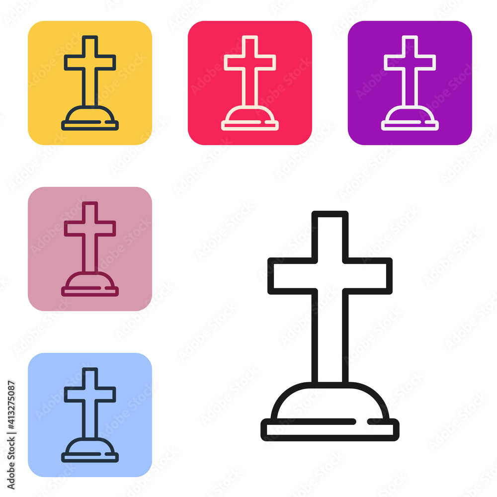 Poster black line tombstone with cross icon isolated on white background. grave icon. set icons in color sq