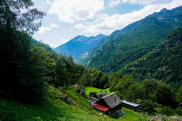 View down the Val Lavizzara over alp with traditional houses near Fusio, Switzerland