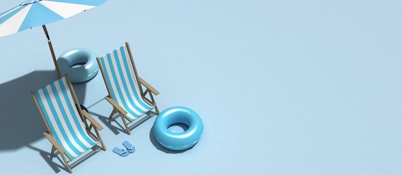 The concept of summer vacation. Top view on a sun lounger under an umbrella on the sandy beach, 3d Rendering