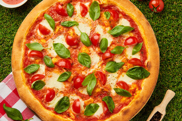 Traditional italian Pizza margarita with cheese, tomato and basil on green grass background