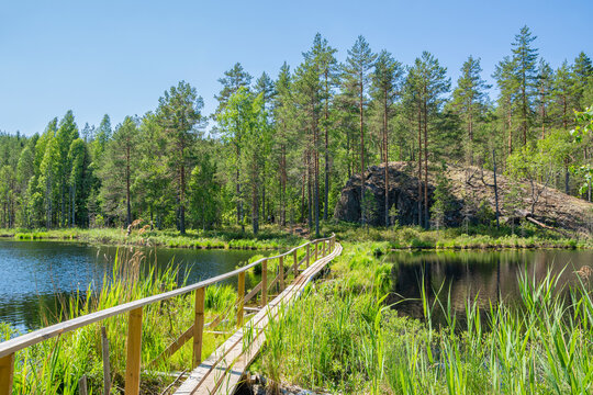 View of The Sammalsilta Bridge over the Lake Pitkajarvi, Ruokolahti, Finland