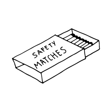 Box of Doodle Vector Safety Matches. Wooden sticks of matches in an open box. Packed matches. Drawn by contour on a white background.