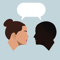 Dialogue of two girls. White and black girls. Women. Two women are talking. Conversation. 
