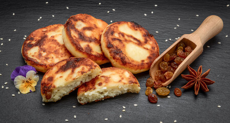 Cottage cheese pancakes with raisins. Healthy food