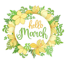 Handwritten, hello march, lettering message, design for cards, banners, posters. © Natalya