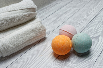 Colorful bath bombs close-up view. Bathing aromatherapy equipment.
