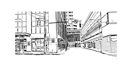 Building view with landmark of Pittsburgh is the
city in Pennsylvania. Hand drawn sketch illustration in vector.