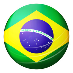 Obraz premium Glass light ball with flag of Brazil. Round sphere, template icon. Brazilian national symbol. Glossy realistic ball, 3D abstract vector illustration highlighted on a white background. Big bubble.