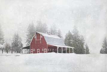 Original textured winter photograph of a red barn in the snow - Powered by Adobe
