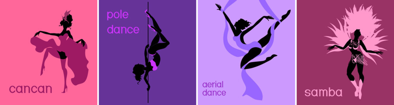 Various style dancing. Silhouettes of aerial, pole, cancan and samba dancer
