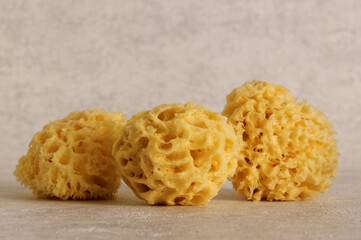 Natural bath sponges at bright background close-up. Object with perforations.