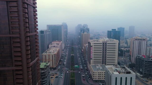 4K Aerial shot Sheikh Khalifa Bin Zayed Street Ajman with a foggy day