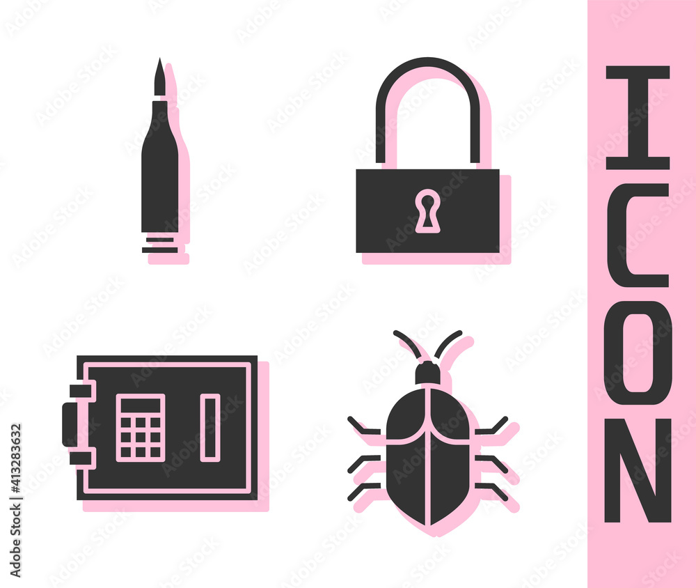 Poster set system bug concept, bullet, safe and lock icon. vector.
