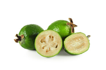 Fresh feijoa fruits (Acca sellowiana or pineapple guava) whole and cross section isolated on white...