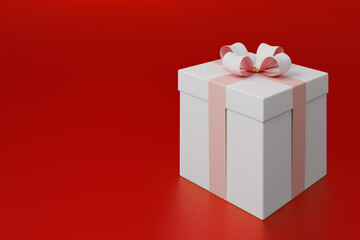 White gift box with pink ribbons and white and pink bow. Decorative gold element on the lid. Red background. For poster, holiday banner, flyer, greeting card. 3D illustration.
