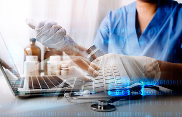 Health care researchers working in life science laboratory and analyzing microscope slides in...
