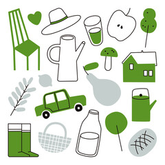 Vector illustration set of agriculture and village icons. Contains icons such as mushrooms, basket, branch, kettle, rubber boots and more