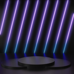 3d render glowing lines, tunnel, neon purple and blue lights, virtual reality, abstract background, square portal with black podium scenes in black background.