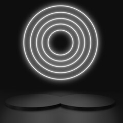 3D Render geometrical ,glowing lines, tunnel,neon lights, virtual reality, abstract background with black podium scenes in black background and white neon.