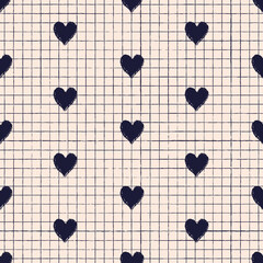 Vector black hearts checkered seamless pattern background