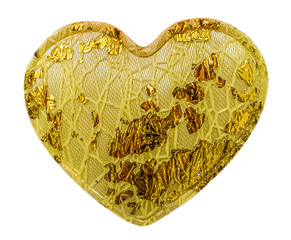 Yellow heart decoration from textile with foil elements isolated on white