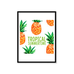 Watercolor painting of pineapple fruit. Tropical summertime. 3d illustration art.